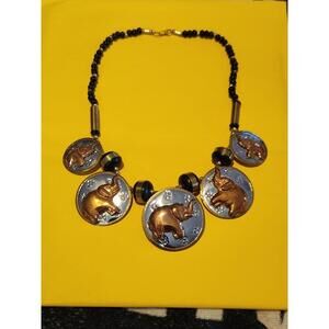 🔥Vintage Mixed Metal Elephant Necklace Copper Brass Sitlver Tone Black Beads🔥
